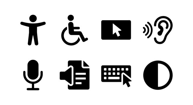 Accessibility glyph icon set wheelchair captions hearing contrast