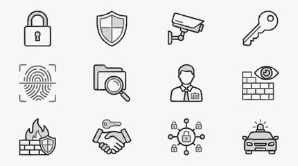 Elegant Monochrome Icons Set Featuring Security Surveillance Identity and Safety Concepts in Minimalist Line Art © Asuuuk
