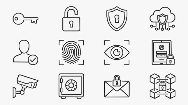 Creative Black and White Line Icons Set Featuring Security and Authentication Symbols for Digital Safety