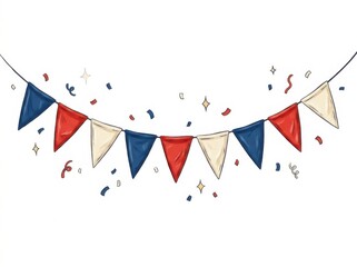 Obraz premium Festive bunting flags in red, white, and blue colors hanging with confetti and sparkles isolated on white background