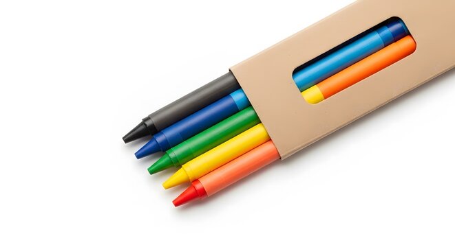 Assorted wax crayons in cardboard sleeve on white background