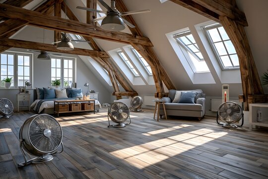 Mehrere Ventilatoren k&auml;mpfen gegen die extreme Sommerhitze in einer gro&szlig;en Dachwohnung