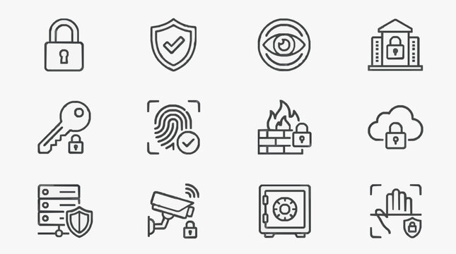 Dynamic Set of Monochromatic Security and Protection Icons Featuring Locks Shields Keys and Surveillance Elements