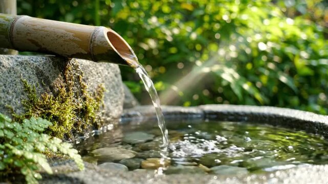Water flowing through natural bamboo fountain in peaceful spa setting