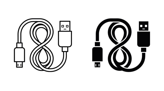 Usb c cable icons black and white line art vector illustration