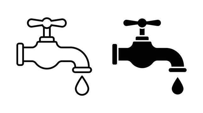 Water tap icon set outline and filled versions for plumbing graphics