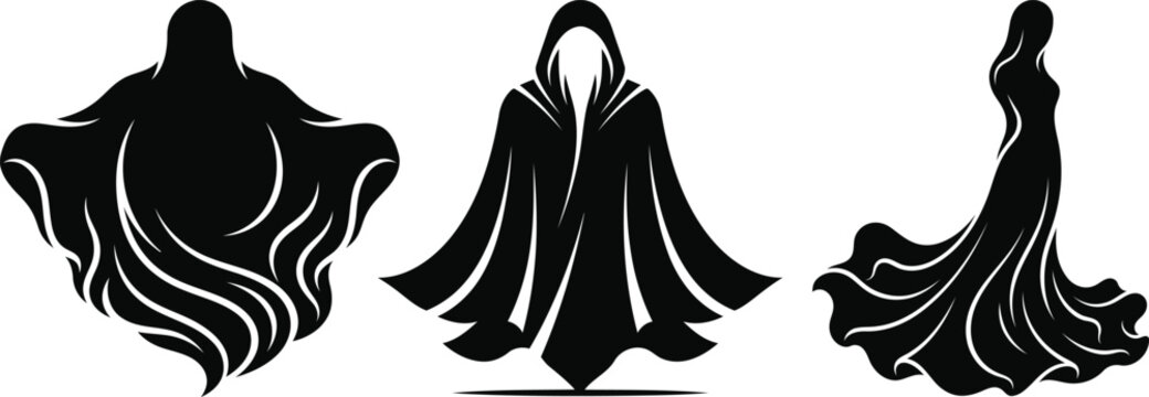 Minimalist hooded cloak ghost designs in black and white