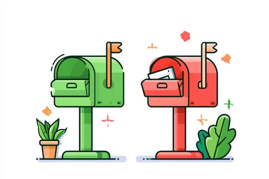Two mailboxes are shown side by side, one is empty and green while the other is full and red.