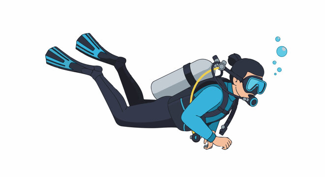 A person in a blue and black diving suit with fins mask snorkel and oxygen tank swims underwater