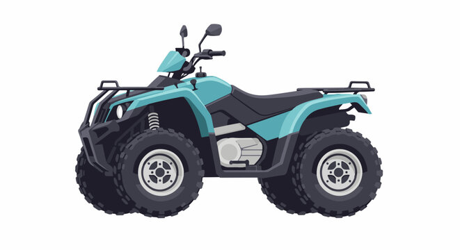 A teal and black four-wheeled all-terrain vehicle with knobby tires is depicted