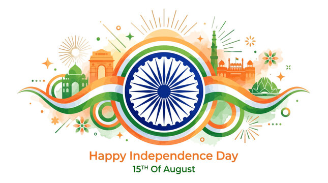 India Independence Day Celebration, Ashoka Chakra, Landmarks, Tricolor Ribbon, Fireworks