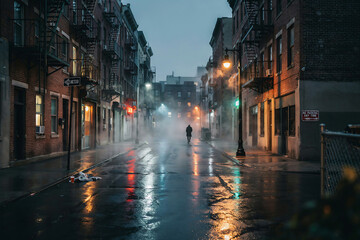 Fototapeta premium Lone person walking down rain slicked urban street at night with moody lighting
