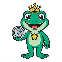 Fototapeta premium Cartoon -Frog Prince Character Wearing Crown And Holding Coin Vector Illustration For Fantasy Animal Mascot Design