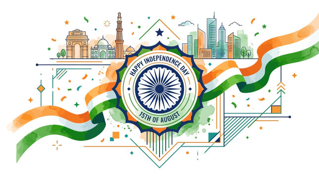 India Independence Day Celebration Banner with National Flag and Landmarks