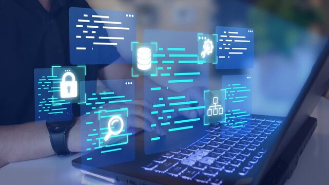 Programmer coding and developing software. Person using laptop computer to write source code. 