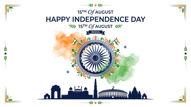 Happy Independence Day India 15th August Tricolor Ashoka Chakra Skyline