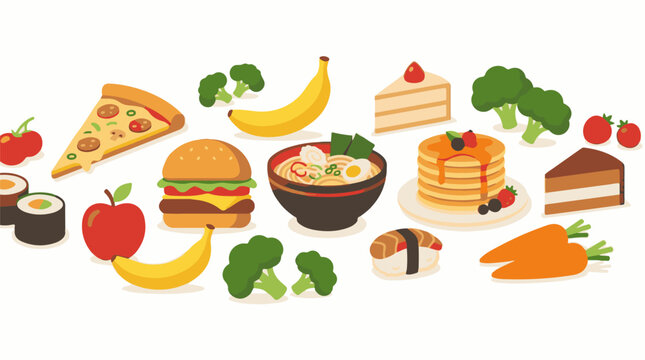 A colorful illustration of various food items arranged on a plain white background (2)