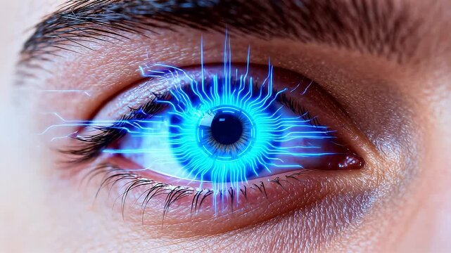 Human eye with blue digital pattern