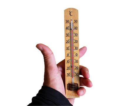 Term&oacute;metro en mano y fondo transparente thermometer transparent background isolated calor verano temperatura grado mercurio madera ola de calor verano heat hot degree summer sin fondo fondo en blanco
