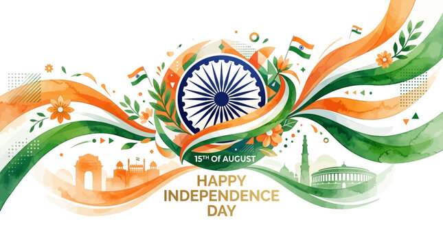 Happy Independence Day India Watercolor Banner with Ashoka Chakra & Landmarks