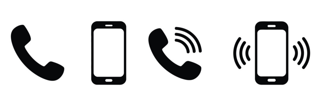 Ringing phone icon set, call notification symbol, incoming call alert, vector illustration
