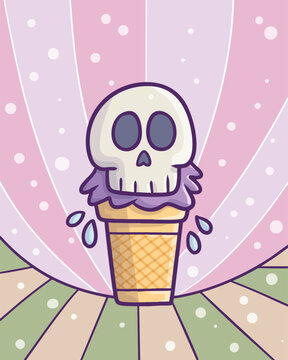 Funny purple skull ice cream cone cartoon illustration 