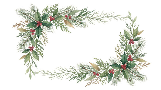 Watercolor Christmas greenery corner frame transparent PNG with holly berries, pine branches and festive botanical border