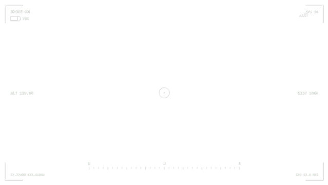 Drone camera OSD screen overlay with flight telemetry, compass ribbon, GPS and battery indicators, transparent 4K HUD interface