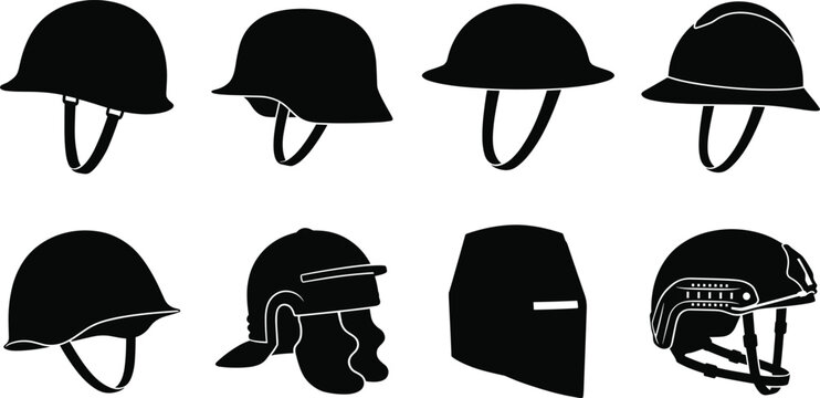 Collection of Military, Tactical, and Historical Helmet Silhouette Icons for Defense and Security Concepts