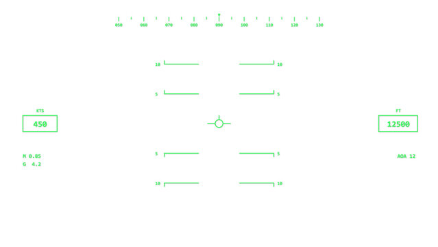Fighter jet green HUD overlay with pitch ladder, heading tape, airspeed and altitude readouts, transparent 4K aviation interface