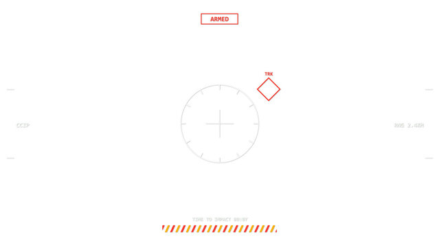 Military missile targeting camera overlay with lock-on reticle, tracking diamond and impact countdown, transparent 4K HUD