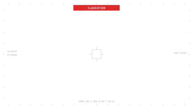 Spy satellite reconnaissance overlay with classified banner, coordinate grid and zoom readout, transparent 4K surveillance interface
