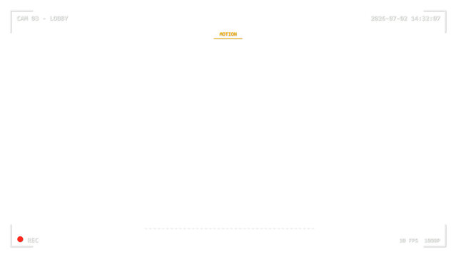 Security CCTV camera screen overlay with camera label, timestamp, REC dot and motion alert, transparent 4K surveillance interface