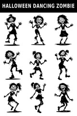 Obraz premium Halloween Dancing Zombie Vector Collection with Nine Funny Undead Characters in Playful Dance Poses Isolated on Clean White Background for Halloween Crafts and Digital Designs