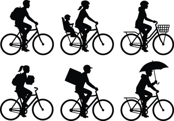Obraz premium Cycling Lifestyle Silhouette Set with Commuter Delivery Family and Urban Bicycle Riders