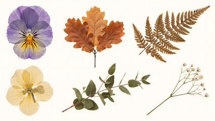 Fototapeta premium Assortment of dried pressed flowers and foliage including pansy oak leaf fern eucalyptus and babys breath on white background