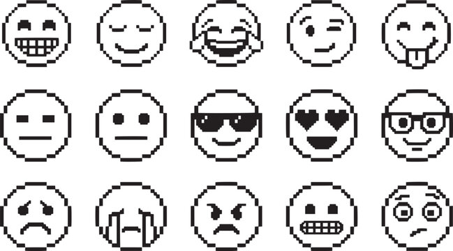 Pixel Art Emoji Smiley Face Minimalist Vector Graphics Icon Set  