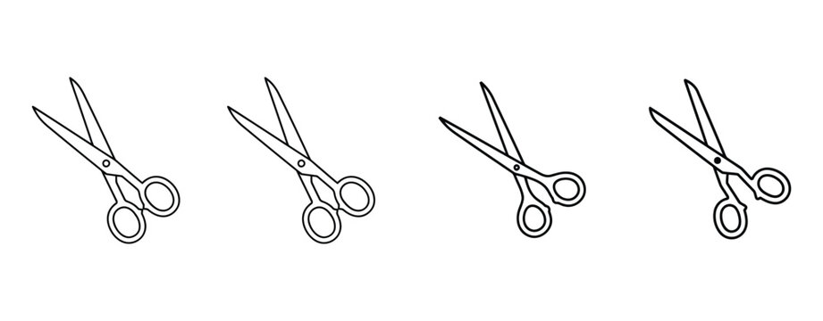 Four black scissor icons aligned horizontally minimalist scissors illustration set showing repeated cutting tool symbol