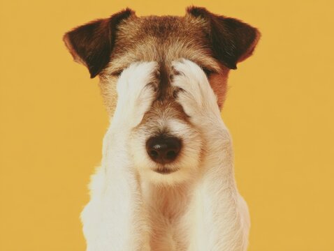 Funny Dog Covering Eyes With Paws on Yellow Background.