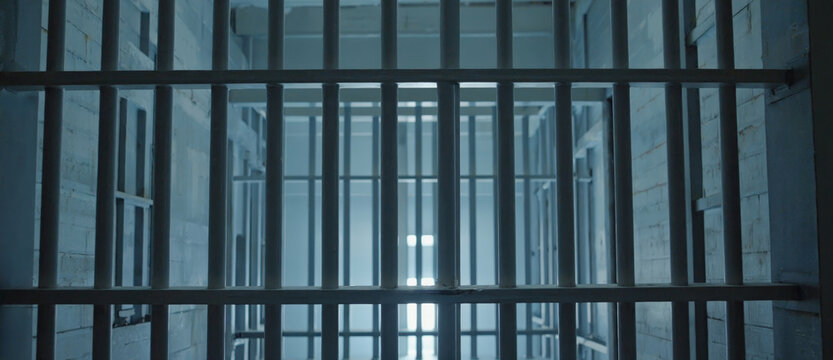 Metal bars of a prison cell door. View from inside the jail corridor looking out. Concept of confinement, restriction, crime, and punishment in a secure detention facility setting.