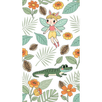 Fairy and Crocodile with Tropical Plants