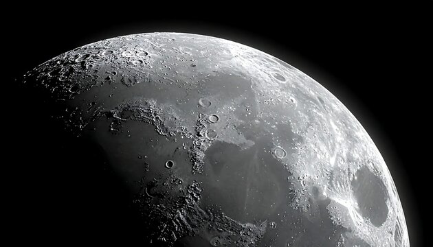 Detailed close up view of the moon surface showing craters and lunar landscape in space.