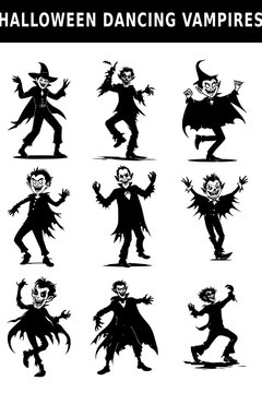 Halloween Dancing Vampire Vector Set with Nine Classic Vampire Characters in Animated Dance Poses Isolated on Clean White Background for Halloween Crafts