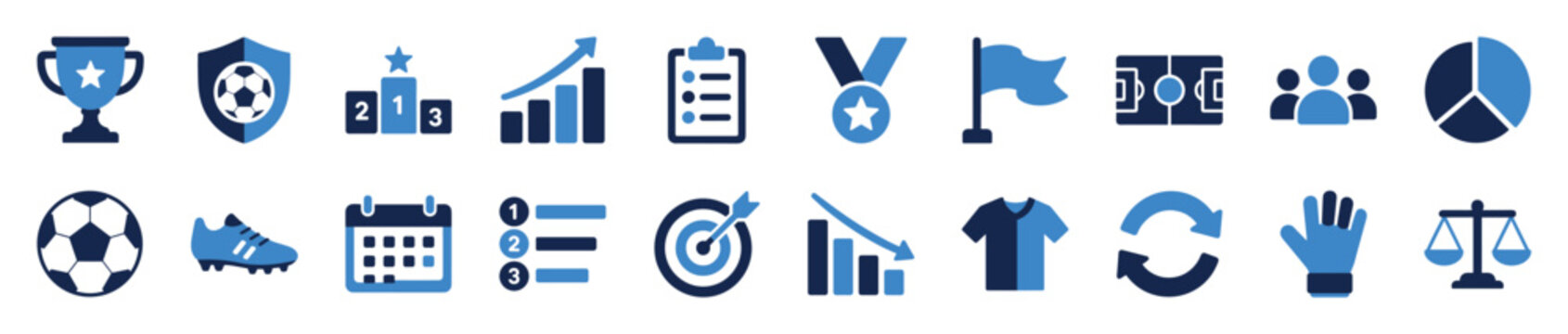 Set of blue soccer and sports icons for football analytics, including a trophy, medal, field, ball, and charts for statistics, strategy, and performance tracking