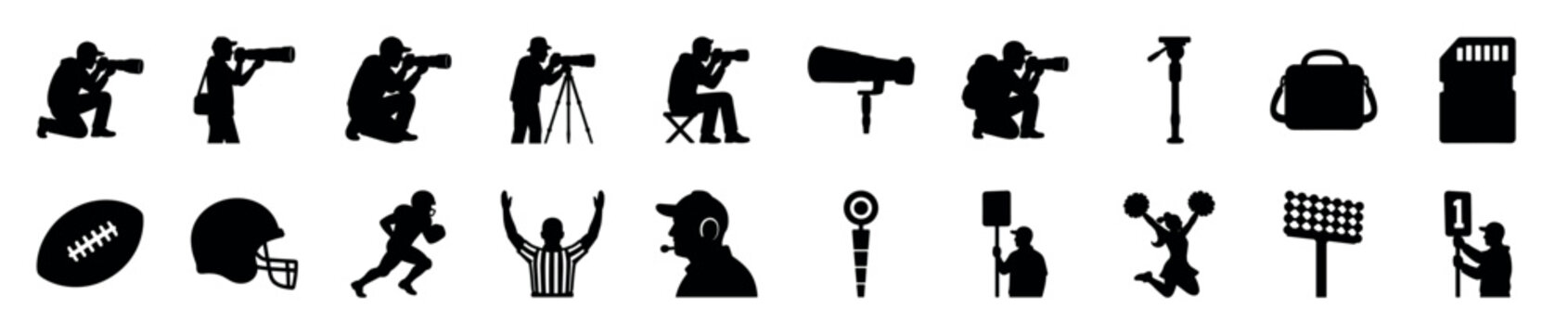 Collection of black silhouette icons showing sports photographers, American football players, referees, cheerleaders, and various equipment related to a game day event