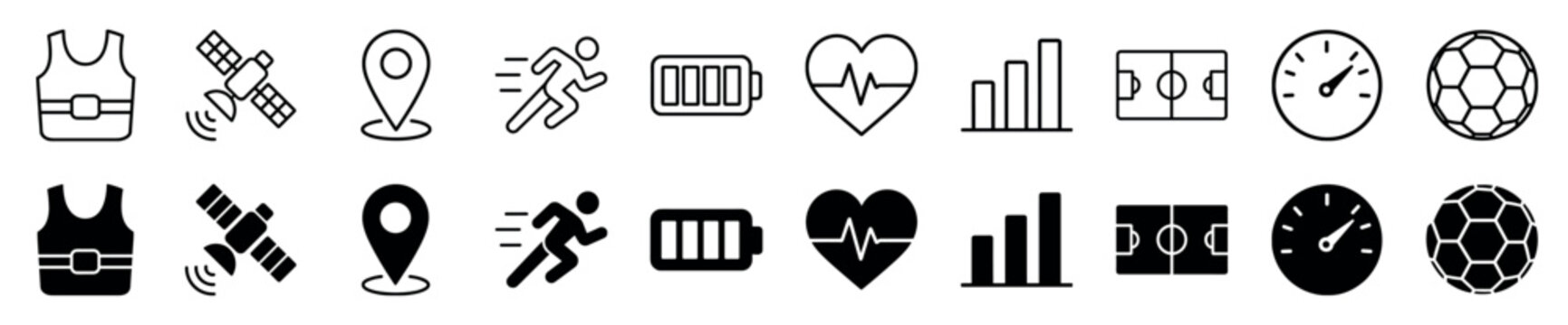 Set of black sports technology icons in outline and solid styles showing soccer performance data like GPS tracking, heart rate monitoring, running speed, and player stats