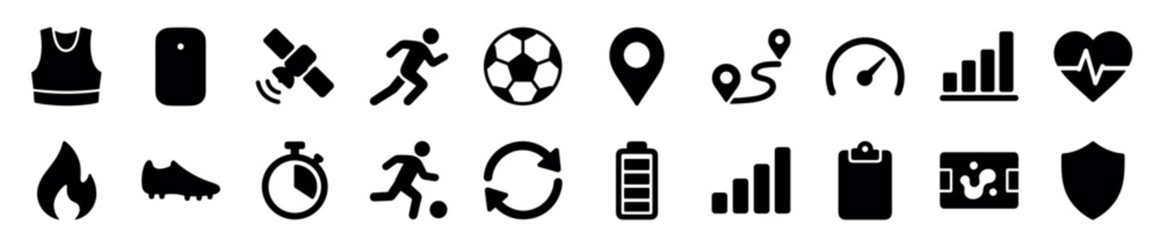 Collection of black glyph icons for sports performance tracking and soccer analytics, including GPS, heart rate, speed, and player statistics in a minimalist flat style