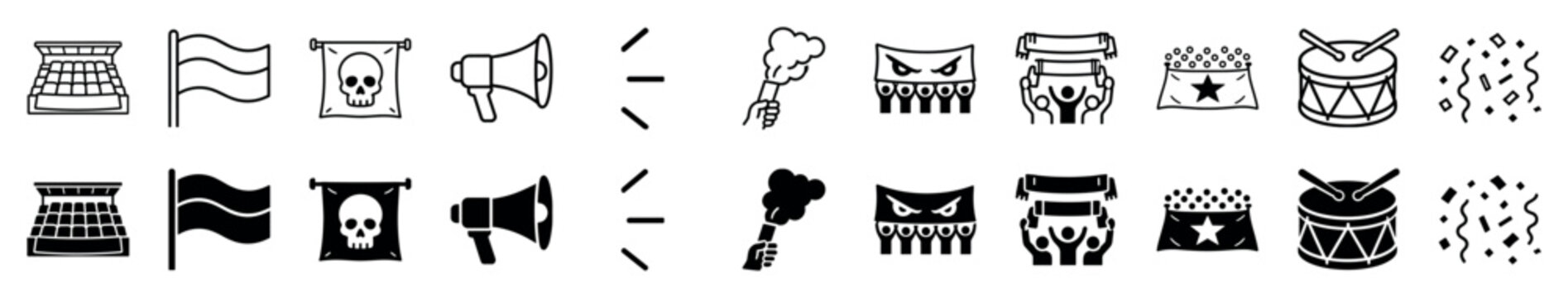 Collection of black sports fan icons in outline and glyph styles showing supporter elements like a stadium, flag, skull banner, megaphone, and smoke flare