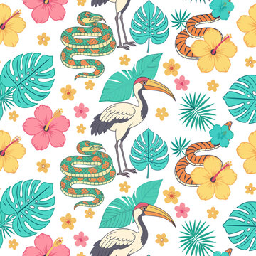 Tropical pattern with birds, snakes, and flowers