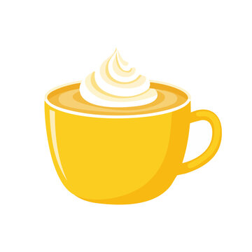 Yellow coffee cup with whipped cream, flat vector illustration